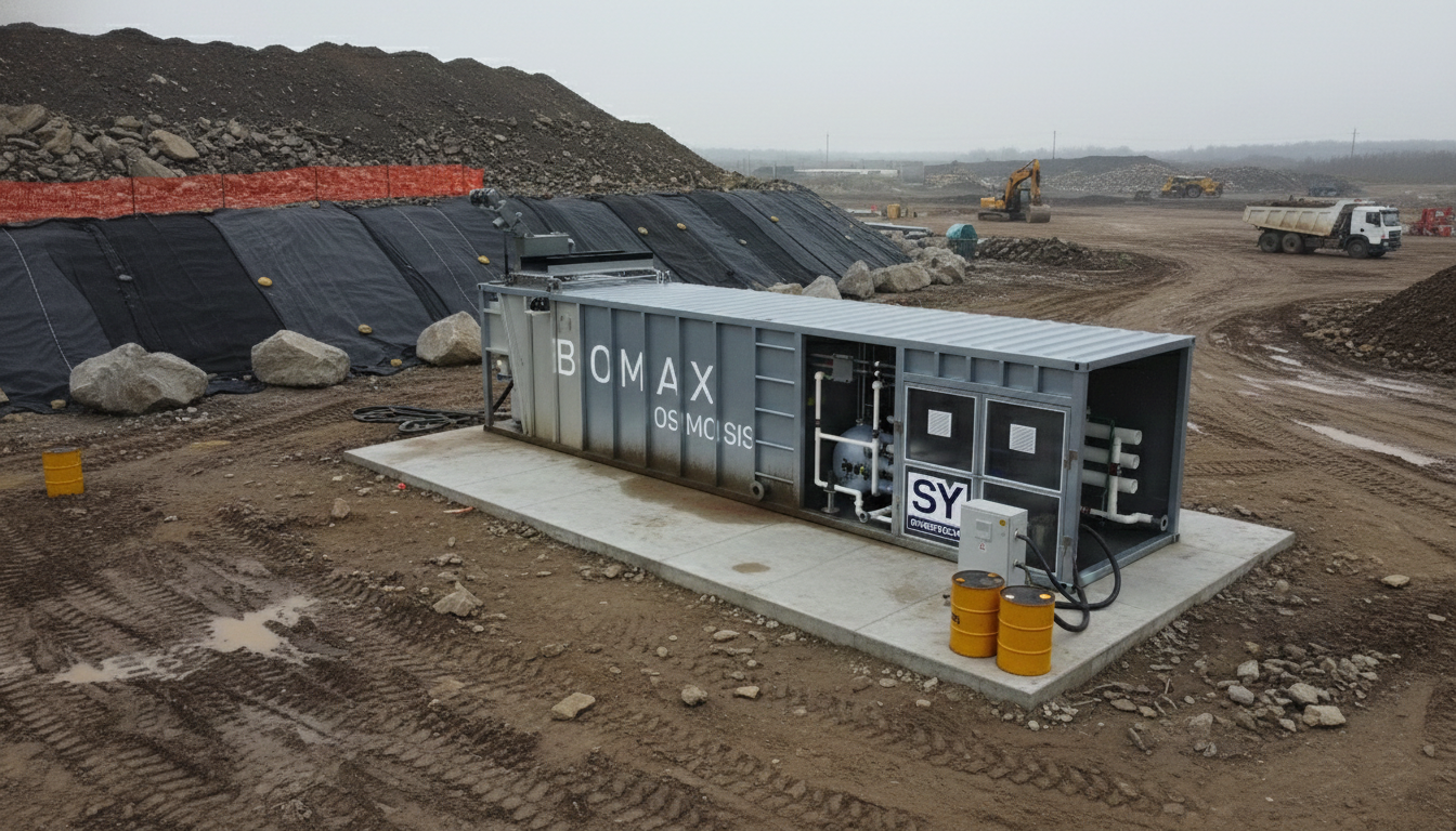 Técnico inspeccionando una planta de tratamiento de aguas residuales modular de color verde marca BIOMAX SYNERTECH, que incluye módulos de pretratamiento, decantación, DAF y oxidación avanzada. La planta está ubicada en un entorno industrial con techo alto y tuberías visibles. - ver más información