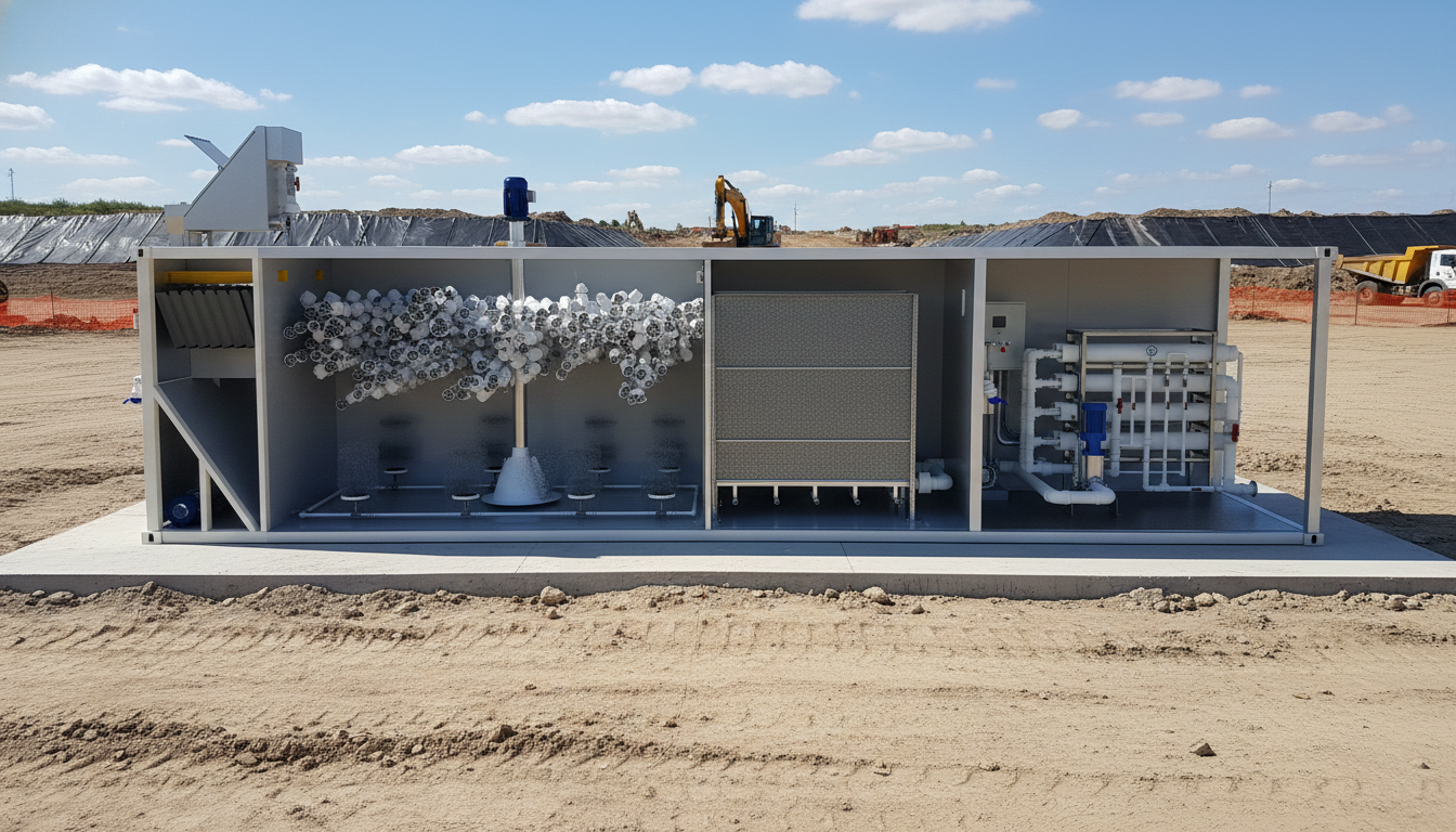 Técnico inspeccionando una planta de tratamiento de aguas residuales modular de color verde marca BIOMAX SYNERTECH, que incluye módulos de pretratamiento, decantación, DAF y oxidación avanzada. La planta está ubicada en un entorno industrial con techo alto y tuberías visibles. - ver más información